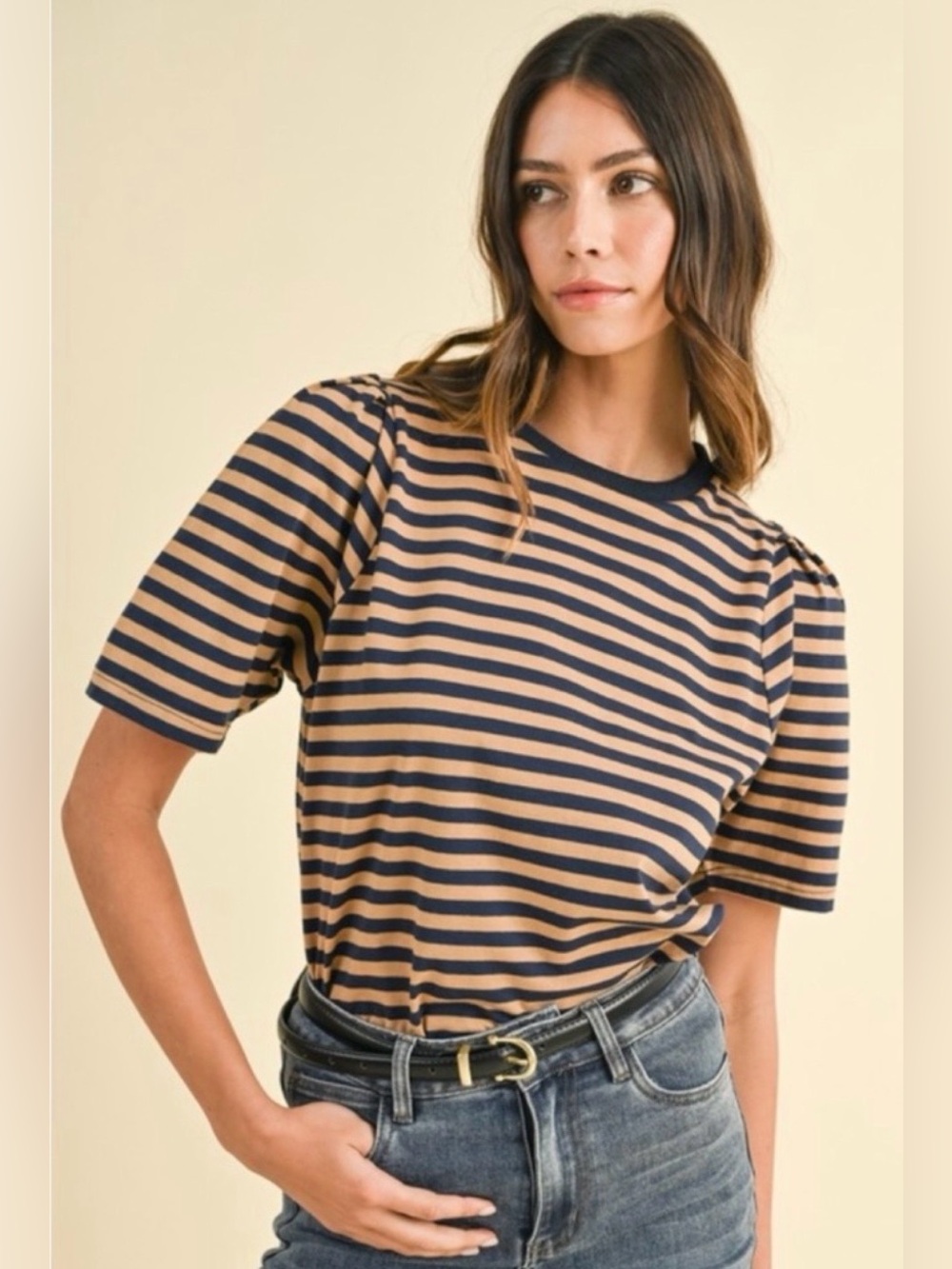 NWT Anniewear Navy/Coffee striped mild puff sleeve cotton top sz M